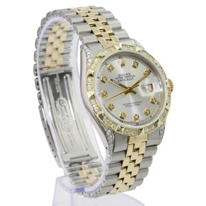 Silver Mens Datejust Diamond Dial Lugs 14k Gold Diamond Bezel Watch