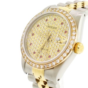 Rolex Datejust Midsize 18K Yellow Gold/Stainless Steel Ladies Watch w/Custom Diamond Bezel/Pave Diamond Dial 68273