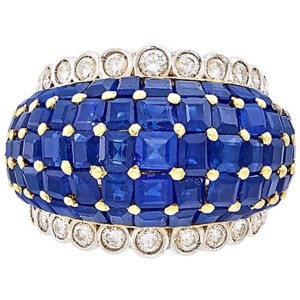Two-Color Gold, Deep Blue Sapphire and Diamond Bombé Ring