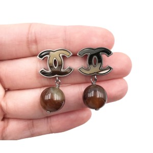 Chanel CC Silver Tone Petrified Wood Bead Piercing Earrings
