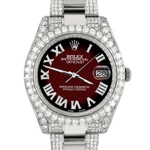 Rolex Datejust II 41mm Diamond Bezel/Lugs/Bracelet/Maroon Vignette Roman Dial Steel Watch 116300