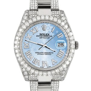 Rolex Datejust II 41mm Diamond Bezel/Lugs/Bracelet/Blue Flower Roman Dial Steel Watch 116300