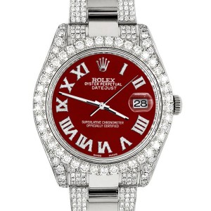Rolex Datejust II 41mm Diamond Bezel/Lugs/Bracelet/Imperial Red Roman Dial Steel Watch 116300
