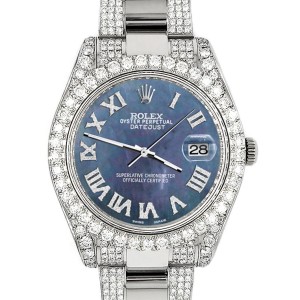 Rolex Datejust II 41mm Diamond Bezel/Lugs/Bracelet/Black Pearl Roman Dial Steel Watch 116300