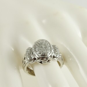  John Hardy Sterling Silver 18K White Gold .50tcw Small Oval Pave Diamond Classic Chain Ring
