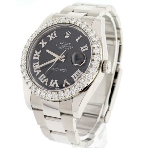 Rolex Datejust II 41MM Automatic Mens Oyster Watch 116300 w/Black Roman Diamond Dial & 4.0Ct Bezel