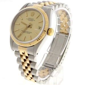 Rolex Datejust Midsize 2-Tone 18K Yellow Gold/Stainless Steel Original Champagne Stick Dial 31mm Womens Jubilee Watch 68273