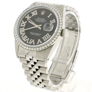 Rolex Datejust 36MM Automatic Stainless Steel Jubilee Watch w/Black Roman Diamond Dial & Bezel