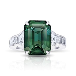David Gross Emerald Green Sapphire and Diamond Platinum Ring