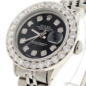 Rolex Datejust Ladies 26MM Automatic Steel Jubilee Watch w/Midnight Black Diamond Dial & Diamond Bezel