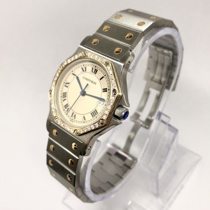 CARTIER SANTOS OCTAGON Quartz 31mm 18K Yellow Gold & Steel DIAMOND Bezel Watch 
