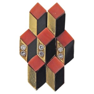 Spritzer & Fuhrmann 1970s Coral Onyx Inlay Diamond Gold Ring
