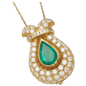 Emerald and Diamond Pendant or Brooch on Chain