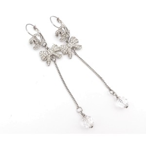Chanel CC Silver Tone Crystal Bow Dangle Lever Back Piercing Earrings
