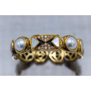 Gold, 4 Mabé Pearl, Mother-of-Pearl and 2.15 Diamond Bangle Bracelet