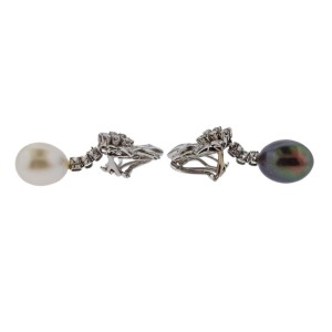 South Sea Pearl Diamond Platinum Night and Day Earrings