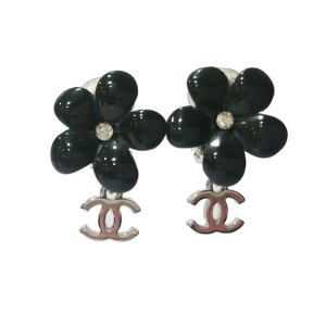 Chanel Black Resin Flower Silver-Tone Metal CC Dangle Earrings  