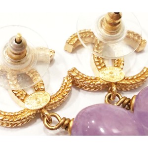Chanel CC Gold Tone & Lavender Stone Dangle Piercing Earrings  