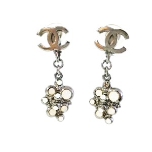 Chanel Silver Tone and White Opal CC Dangle Clip on Earrings