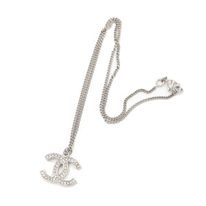 Chanel Silver CC Rhinestone Small Pendant Necklace 