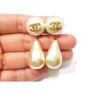 Chanel CC Gold Simulated Glass Pearl Dangle Large Clip On Earrings  