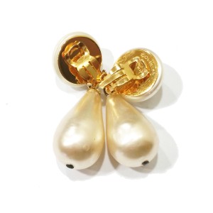 Chanel CC Gold Simulated Glass Pearl Dangle Large Clip On Earrings  