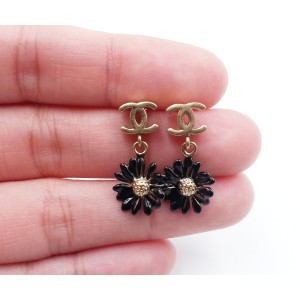 Chanel Gold CC Black Daisy Earrings 