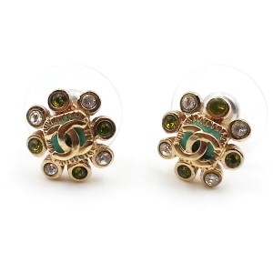 Chanel Gold-Tone Metal CC Clear Green Crystal Earrings 