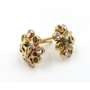 Chanel Gold-Tone Metal CC Clear Green Crystal Earrings 