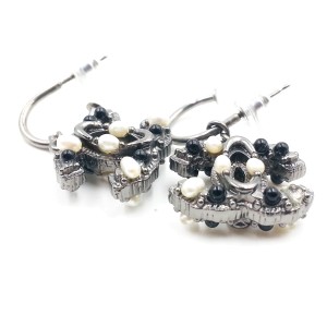 Chanel Gunmetal CC Mini Simulated Glass Pearl Dangle Ruthenium Piercing Earrings