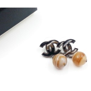 Chanel Silver-Tone Metal & Petrified Wood Bead CC Earrings 