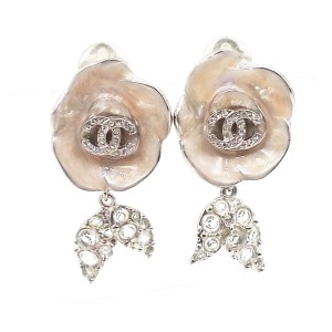 Chanel Silver-Tone Metal & Pink Enamel Leaves CC Camellia Clip-On Earrings 