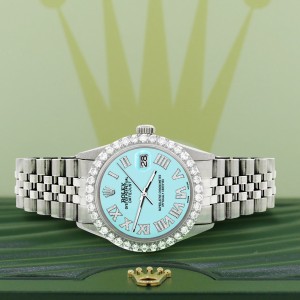 Rolex Datejust 36MM Steel Watch with 3.3CT Diamond Bezel/Aqua Blue Diamond Roman Dial