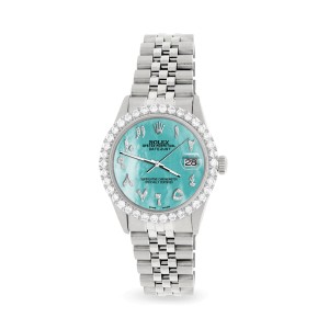 Rolex Datejust 36MM Steel Watch with 3.35CT Diamond Bezel/Aquamarine Blue Diamond Arabic Dial