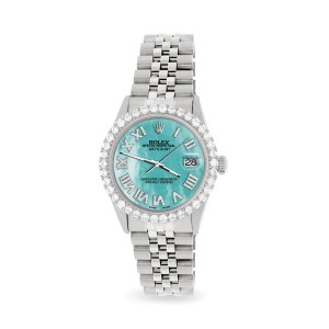 Rolex Datejust 36MM Steel Watch with 3.3CT Diamond Bezel/Aquamarine Blue Diamond Roman Dial