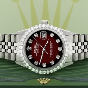 Rolex Datejust 36MM Steel Watch with 3.05Ct Diamond Bezel/Maroon Vignette Diamond Dial