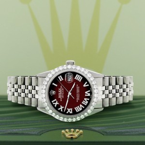 Rolex Datejust 36MM Steel Watch with 3.3CT Diamond Bezel/Maroon Vignette Diamond Roman Dial