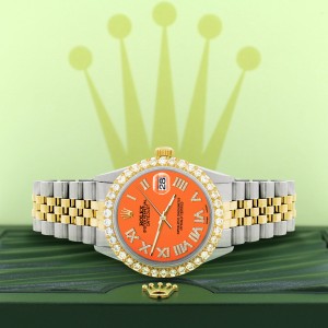 Rolex Datejust 36mm 2-Tone WATCH with 3.10ct Diamond Bezel/Pastel Orange Diamond Roman Dial