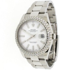 Rolex Datejust 41 Steel White Dial Mens Oyster Watch w/4.5CT Diamond Bezel 126300 Box Papers