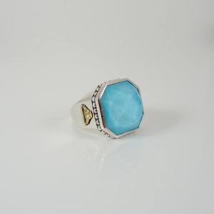 Lagos Sterling Silver 18K Yellow Gold and Turquoise Stone Doublet Color Rocks Ring Size 7