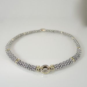 Lagos Sterling Silver & 18K Yellow Gold Pave Diamond Circle Game Necklace 