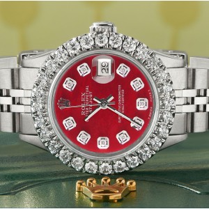 Rolex Datejust Steel 26mm Jubilee Watch 2CT Diamond Bezel / Candy Red MOP Dial