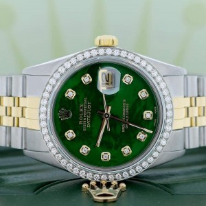 Rolex Datejust 2-Tone 18K Gold/SS 36mm Automatic Jubilee Watch with Emerald Green MOP Diamond Dial & 1.10Ct Bezel