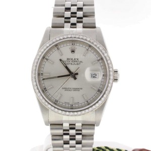 Rolex Datejust Silver Dial 36MM Automatic Stainless Steel Watch w/Diamond Bezel 16234