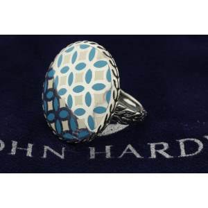 John Hardy 925 Sterling Silver Kawung Blue White Enamel Round Large Ring