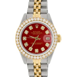 Rolex Datejust Ladies 2-Tone 18K Gold/SS 26mm Watch with Vignette Red Dial & Diamond Bezel