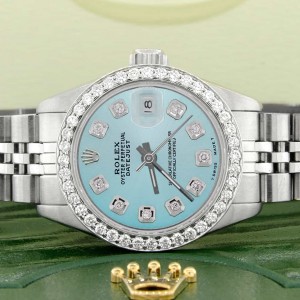 Rolex Datejust Ladies 26MM Automatic Steel Watch w/Baby Blue Dial & Diamond Bezel