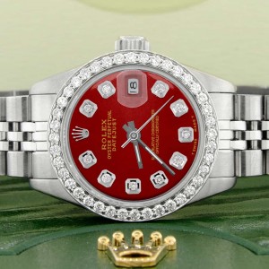 Rolex Datejust Ladies 26MM Automatic Steel Watch w/Imperial Red Dial & Diamond Bezel