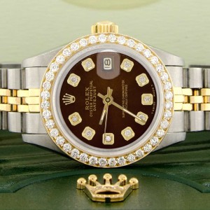 Rolex Datejust Ladies 2-Tone 18K Gold/SS 26mm Watch with Cocoa Brown Dial & Diamond Bezel
