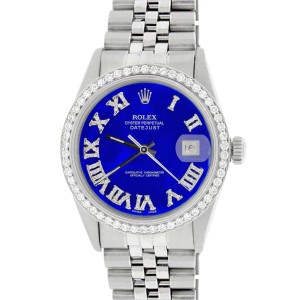Rolex Datejust 36MM Automatic Stainless Steel Watch w/Royal Blue Roman Dial & Diamond Bezel